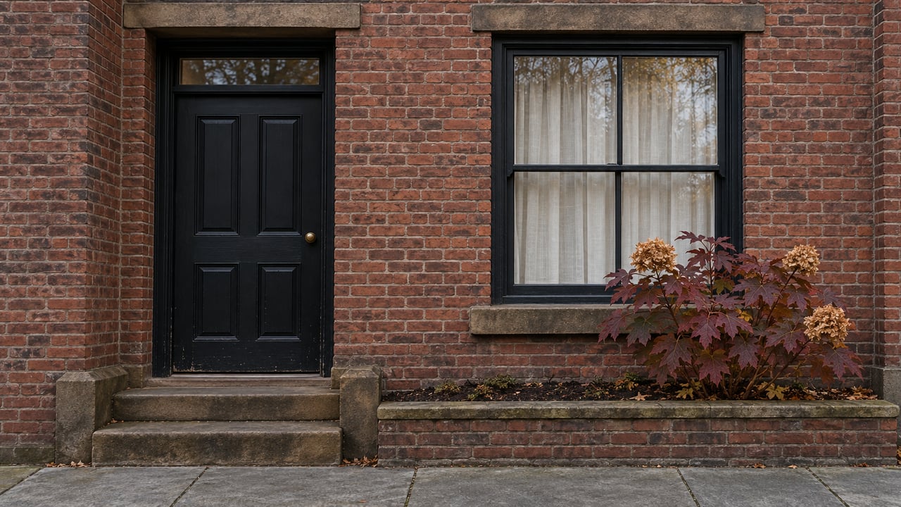 Red brick townhouse entrance with a black timber door, worn sandstone steps, and an autumn oakleaf hydrangea beneath a sash window.