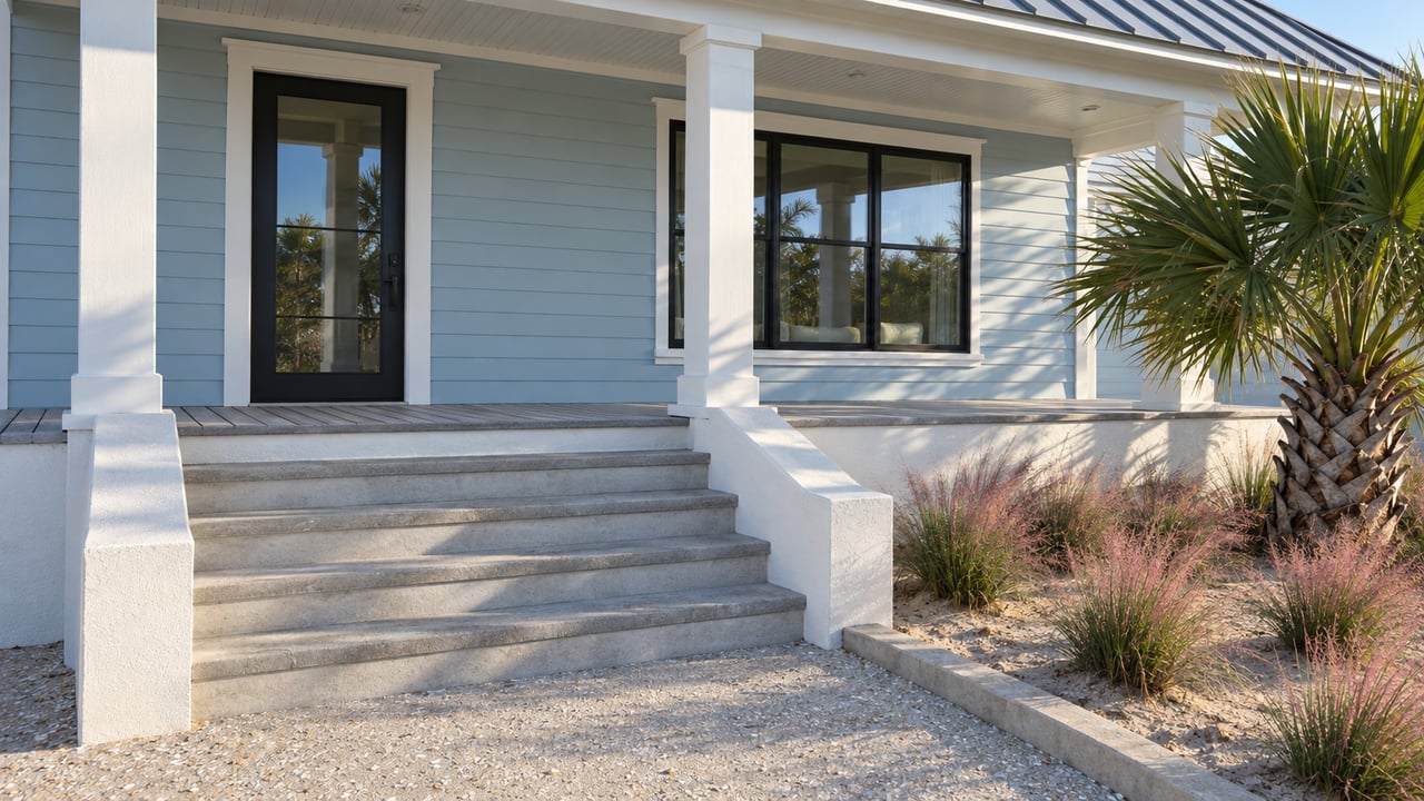 Pale-blue elevated home with a covered white-columned entry porch, broad concrete steps and pink flowering grasses beside a shell-aggregate walk.