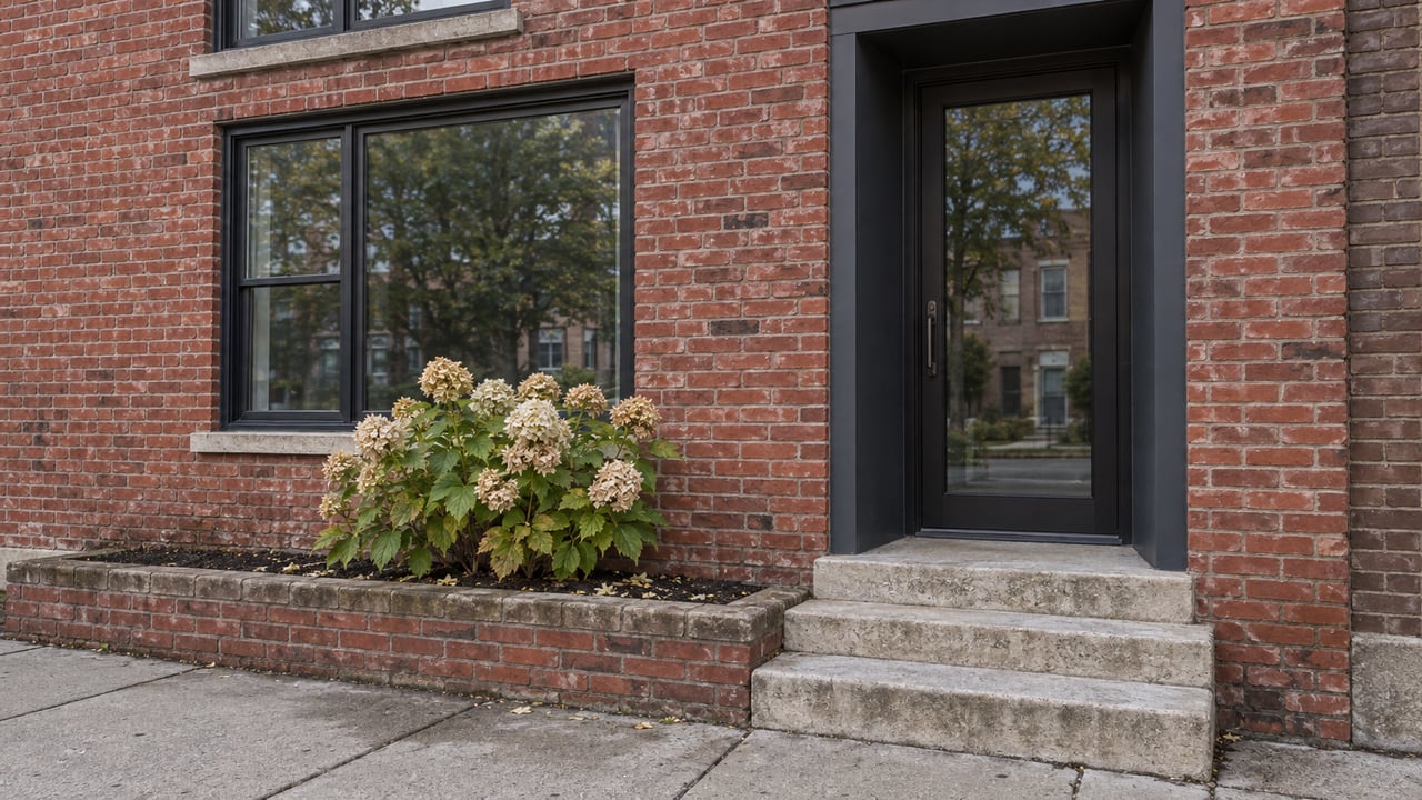 Renovated red-brick home with a recessed glass door, limestone steps, and a cream-flowered hydrangea.