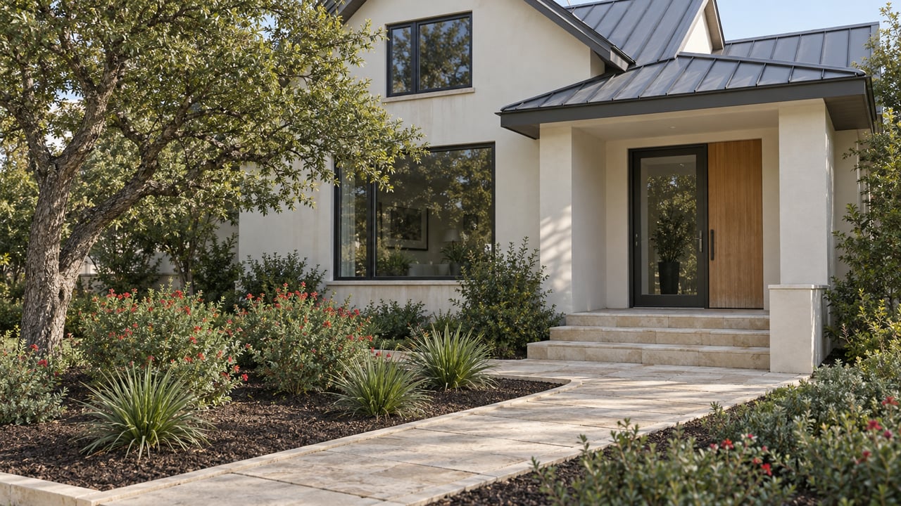 Warm off-white stucco home with dark metal gables, a recessed glazed entry and limestone steps beside a mature live oak and flowering garden.