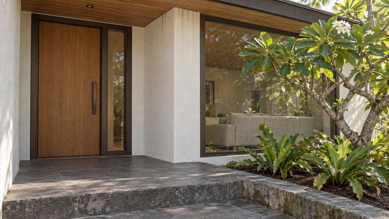 A covered contemporary home entrance with warm wood soffit, pale stucco, bronze-framed glass and volcanic stone steps beside a flowering tree and bird’s-nest ferns.