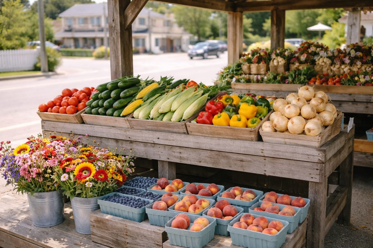 farm stand with fresh produce and flowers in Amagansett