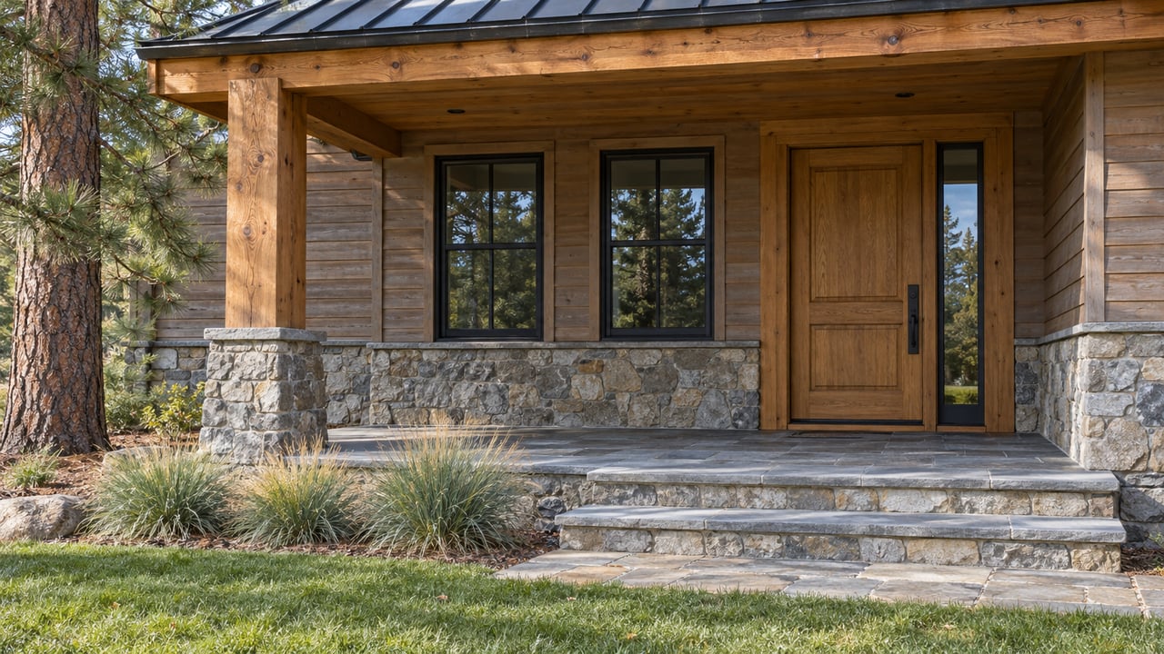Timber porch and stone steps at a cedar-sided home, with autumn grasses and a pine beside the lawn.