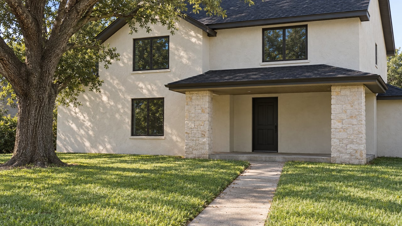 Warm ivory two-story home with a covered porch, straight concrete walkway, lawn, and oak canopy.