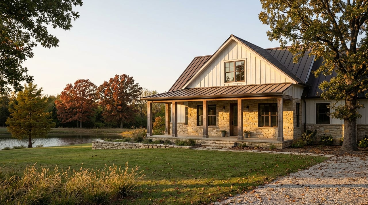 Stone-and-timber farmhouse beside a pond, with autumn-colored trees and a low stone wall across the lawn.