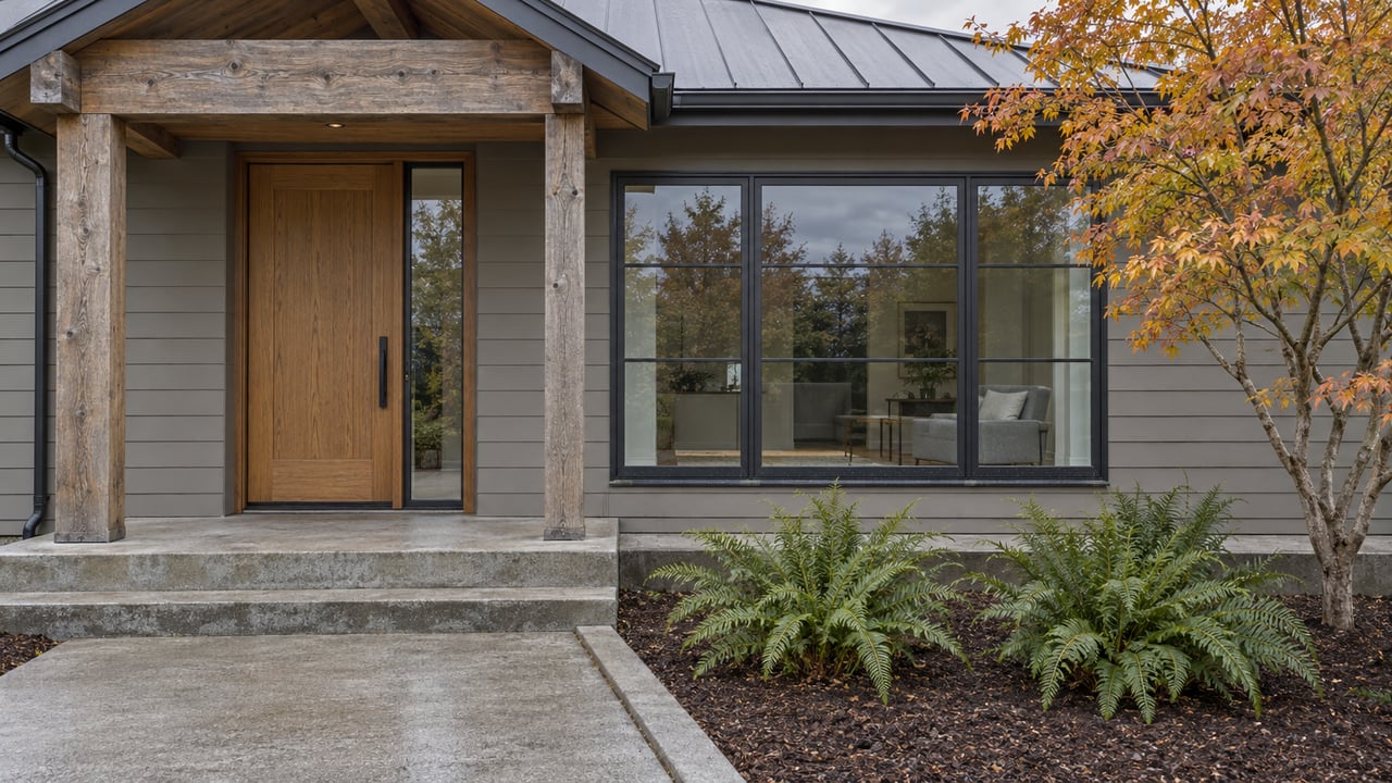 Contemporary home with a timber-supported entry, charcoal gridded windows, concrete approach, and autumn vine maple.
