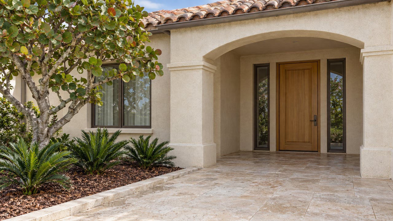 Cream stucco home with an arched entry, timber door, limestone approach and sculptural sea grape tree.