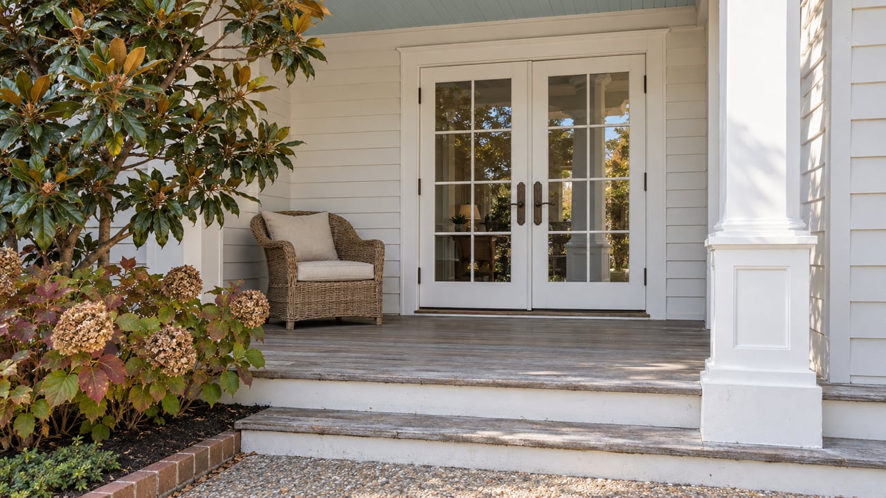 Sunlit covered porch with white timber siding, paired glazed doors, weathered wood steps and a magnolia beside oakleaf hydrangeas.