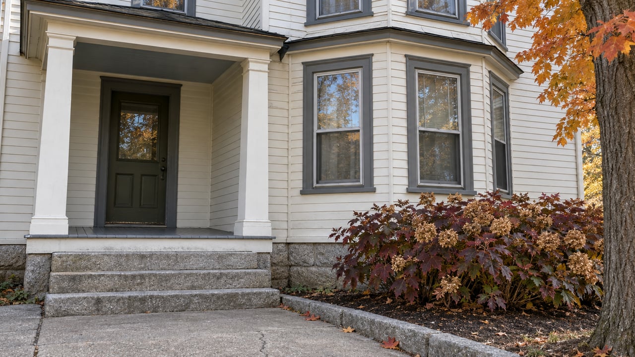 Off-white clapboard home with a shaded entry porch, granite steps and a bay window beside copper and burgundy autumn foliage.