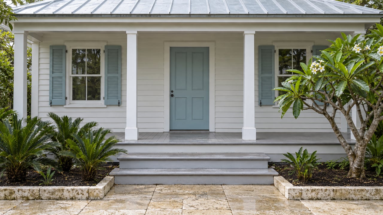 White clapboard cottage with pale blue shutters, a sea-glass door, silver metal roof and a shaded timber porch behind a shallow planted garden.