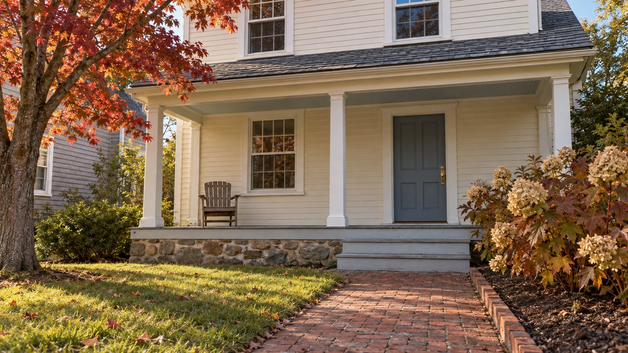 Ivory clapboard house with a covered porch, brick walkway, and rust-red autumn tree.