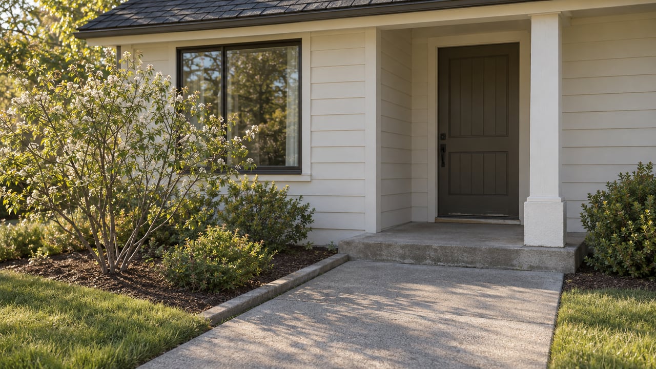 Suburban house entry with a recessed door, concrete stoop, curved planting bed, and small tree beside the walk.