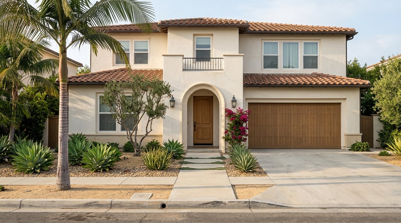 Tile-roof Mediterranean home with drought-tolerant landscaping in Laguna Niguel