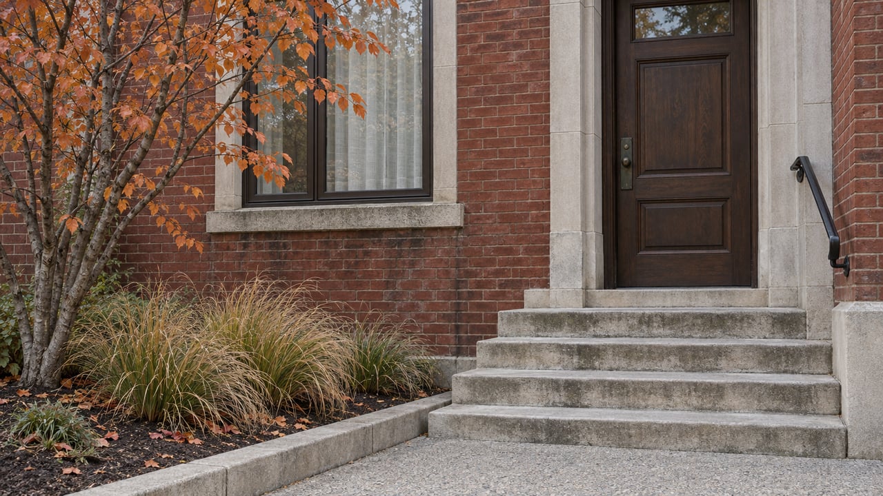Red brick townhouse entrance with weathered limestone steps, a bronze-framed window and copper-orange serviceberry foliage.