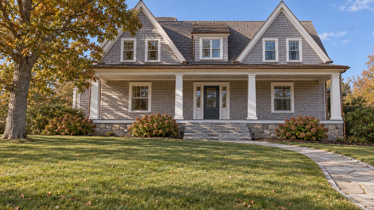 Weathered gray shingle house with white porch columns, granite steps, a broad autumn lawn, and a mature oak.