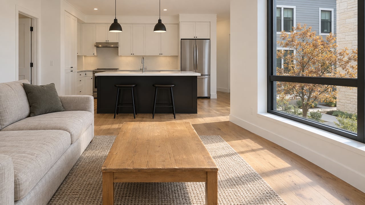 Sunlit condominium living room with warm oak floors, a linen sofa and a compact white-and-black kitchen overlooking a planted courtyard.