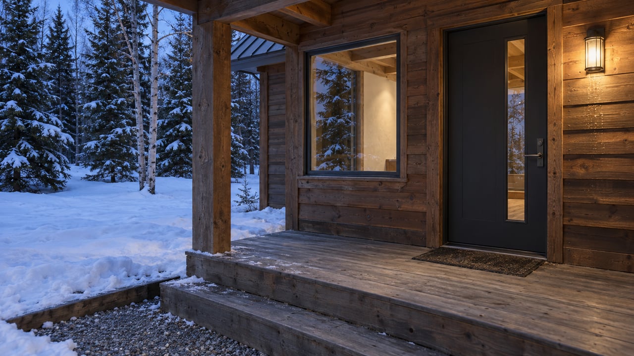 Weathered cedar entry porch with warm light, timber steps, and a snow-covered yard edged by spruce and birch trees.