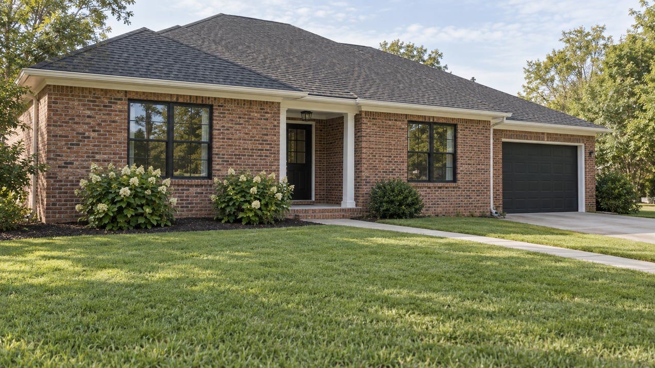 Single-story brick house with a covered entry, two front windows, and a dark garage beyond a broad lawn.
