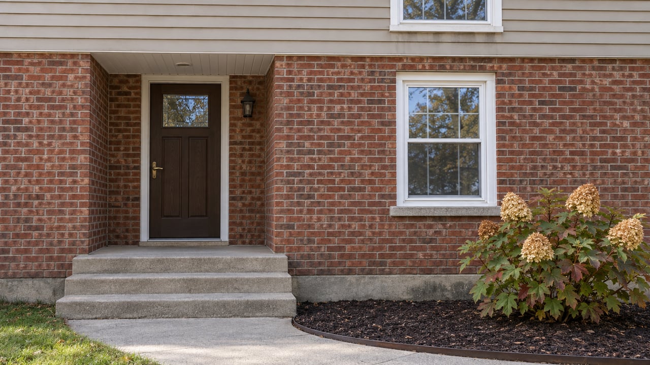 Red-brick home entrance with a recessed brown door, white-trimmed windows, concrete steps and an autumn oakleaf hydrangea.