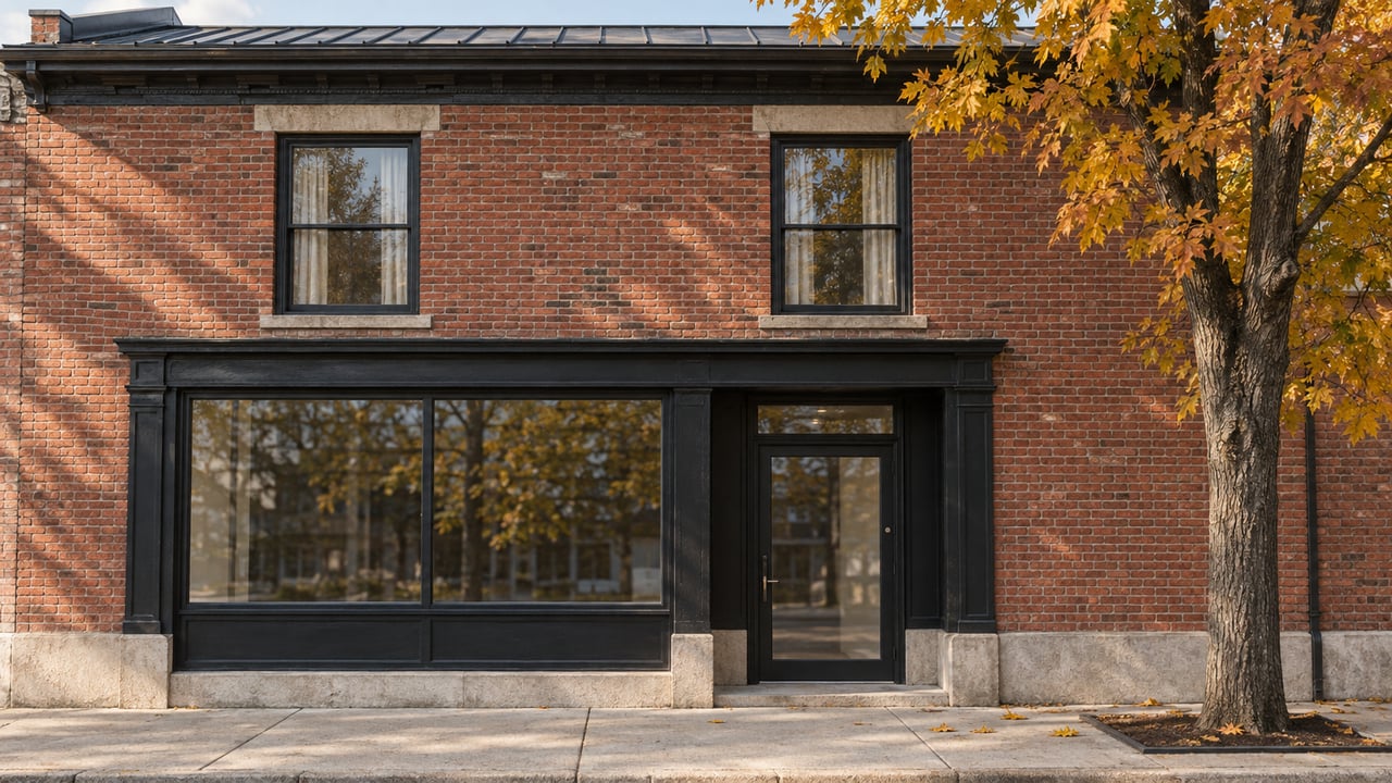 Autumn light on a weathered red-brick building with black-framed apartment windows, a glazed ground-floor entrance, and a sugar maple beside the sidewalk.