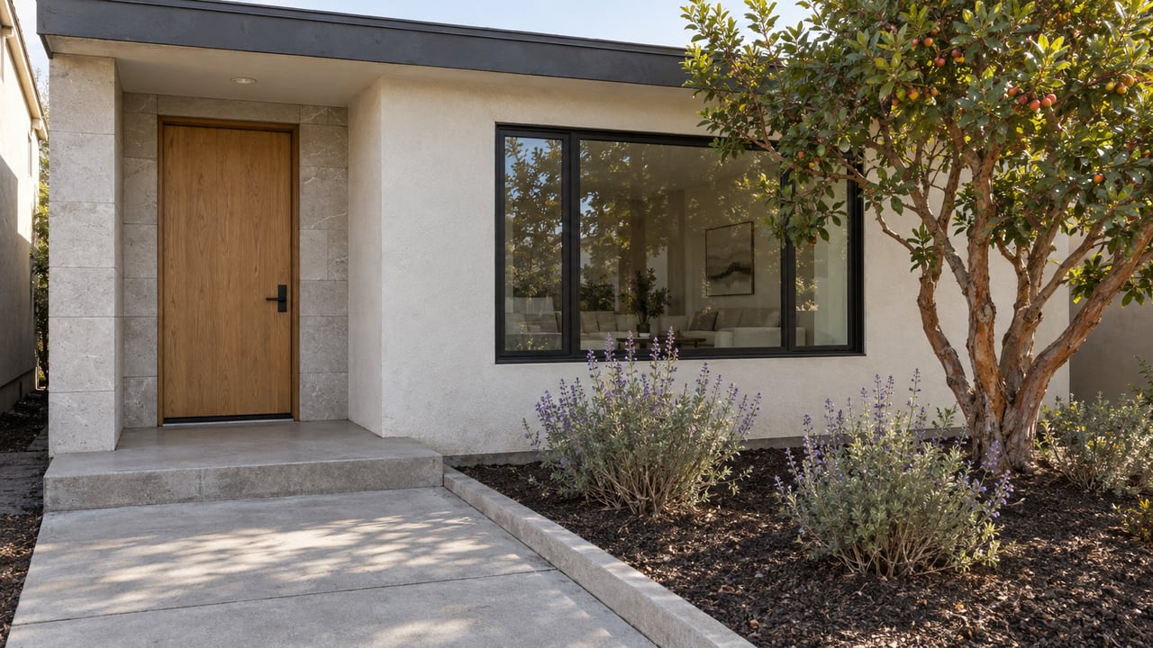 Compact modern home with warm white stucco, an oak entry door, black-framed glazing, and a planted concrete approach.