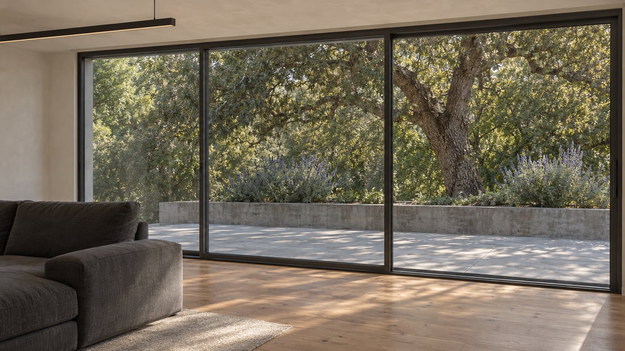 Living room with oak floors and charcoal-framed glass overlooking a garden with a mature tree.