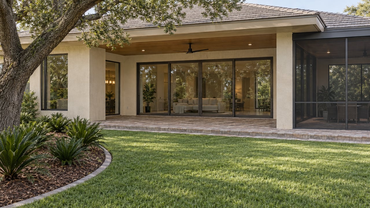 An ivory stucco home with a wood-ceilinged terrace and screened bay overlooks an open lawn edged by a mature live oak and coontie planting.