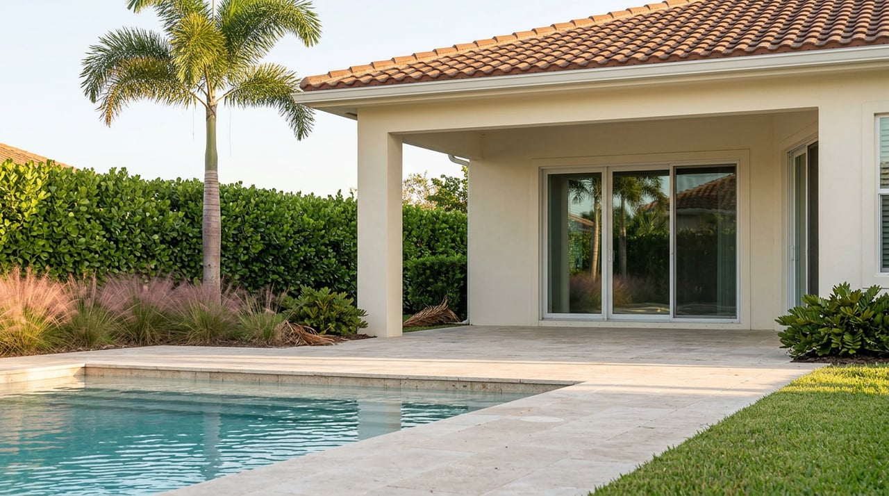 Stucco home with a terracotta tile roof and glass-doored loggia beyond a turquoise pool and travertine coping.
