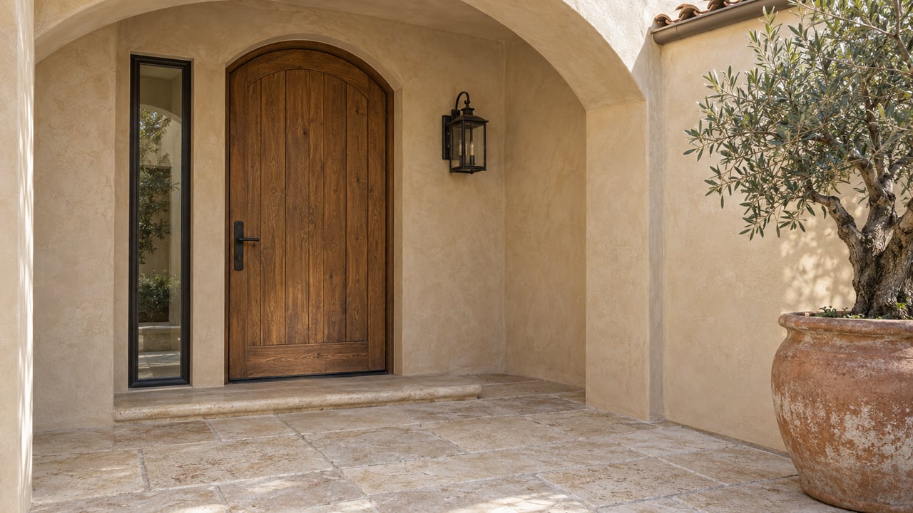Arched wooden front door beneath a stucco portico, with stone paving and a potted olive tree.