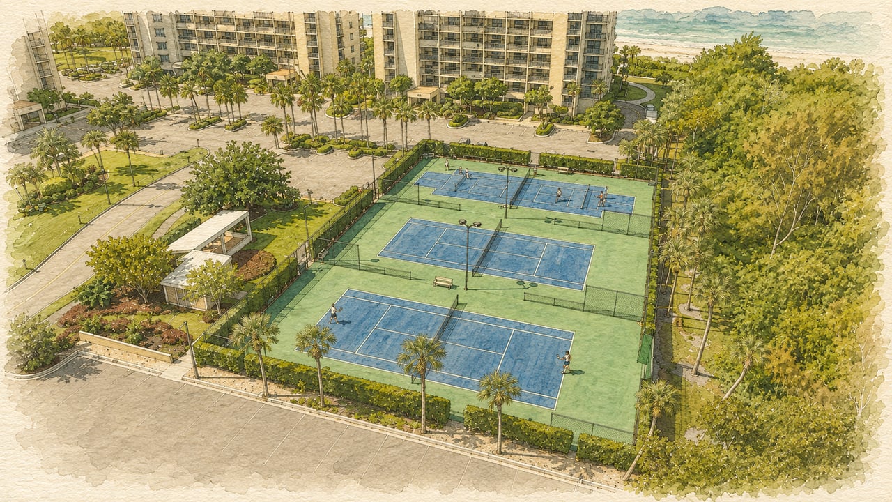 Aerial rendering of Beachplace condominiums, with three tennis courts and landscaped grounds.