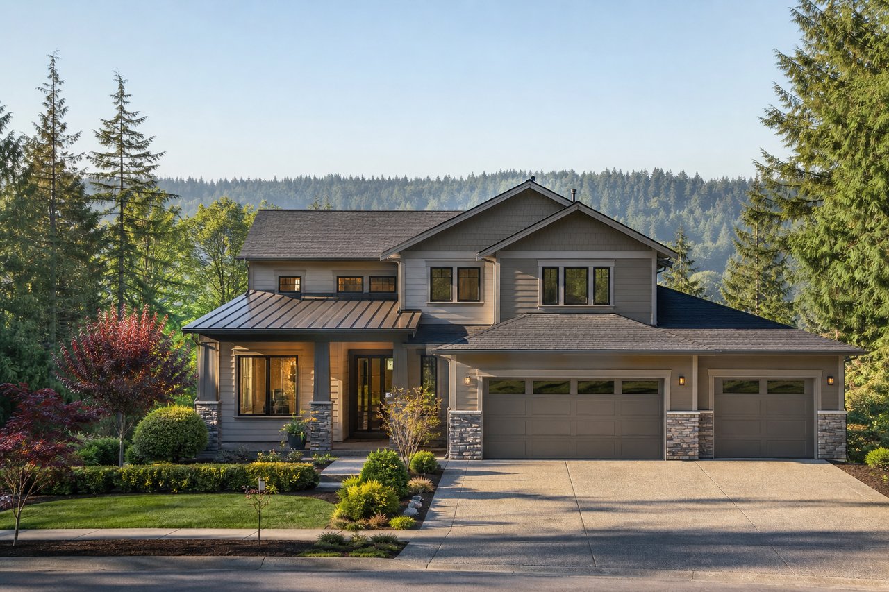 Two-story gray home with stone accents, a three-car garage, and a wooded hillside backdrop.