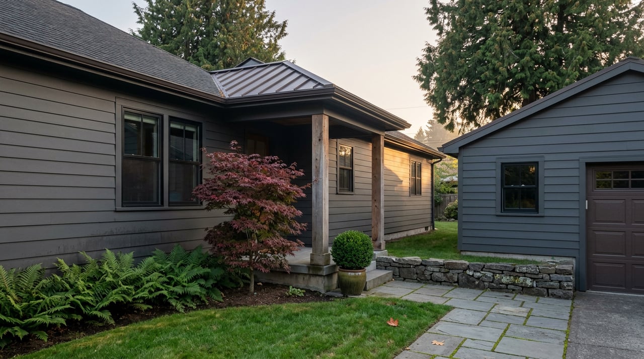 Charcoal-sided house and detached garage frame a broad lawn, with red cedars, a red-purple maple, and a stone path.