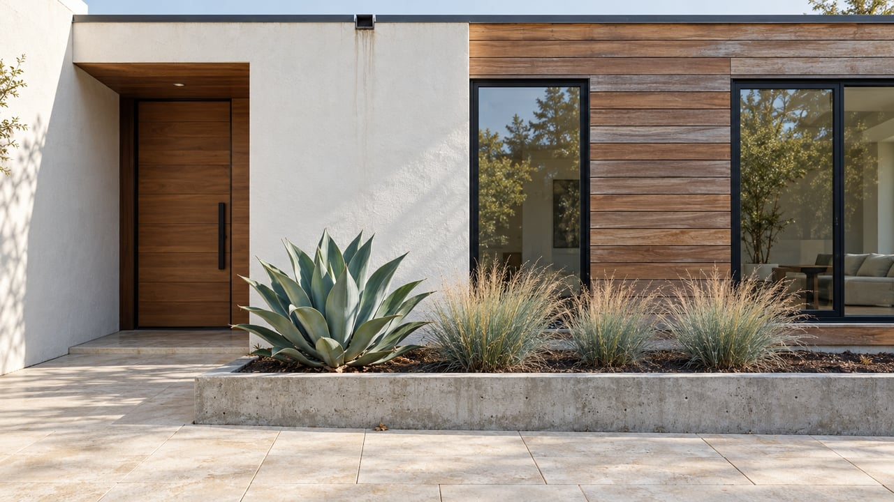 White stucco and cedar residence with a recessed timber entry, black-framed windows, and an agave in a raised planter.