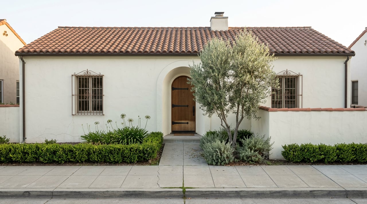 Mediterranean-style stucco house with terracotta roof, arched entry, iron-grilled windows, and an olive tree.