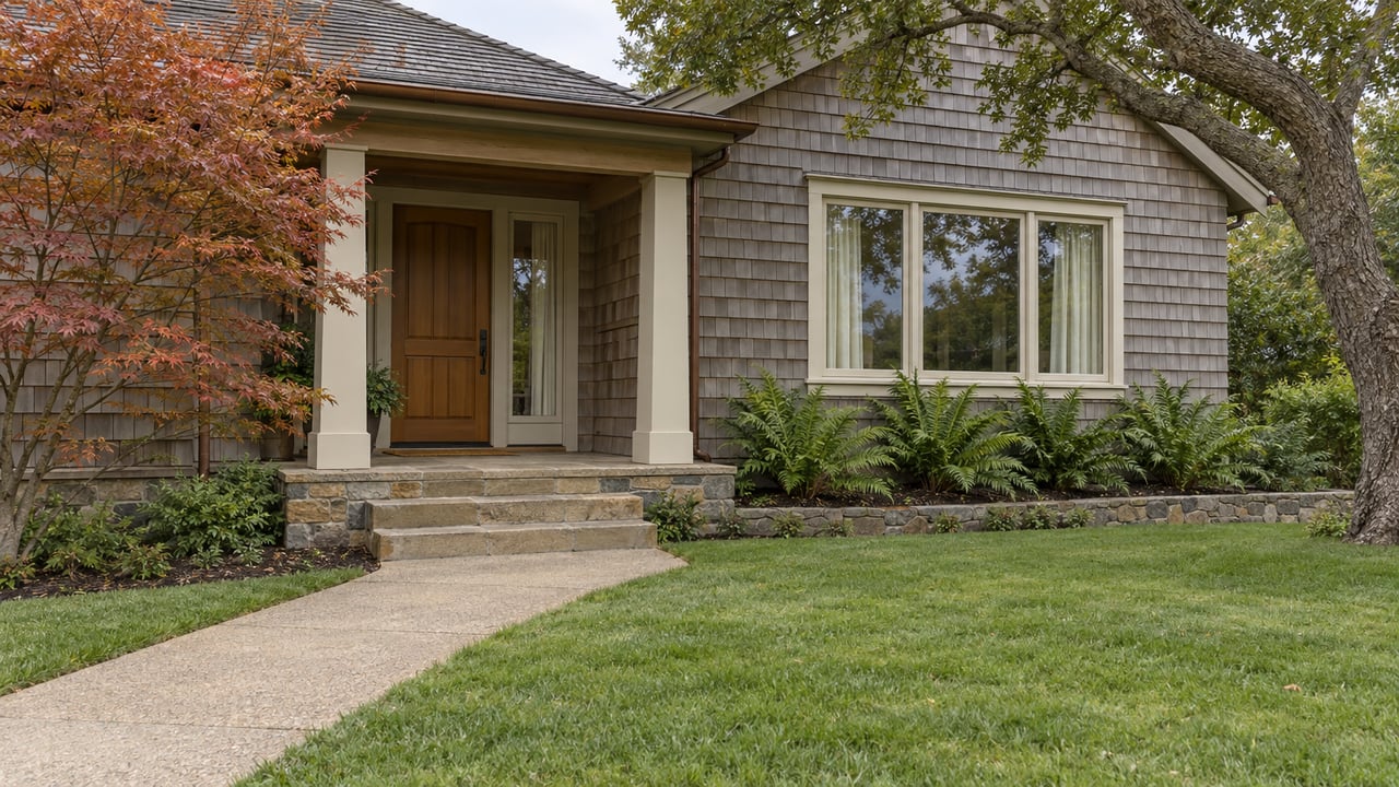 Weathered cedar-shingle home with an oak entry door, sandstone steps, a deep front lawn and mature specimen trees in soft morning light.