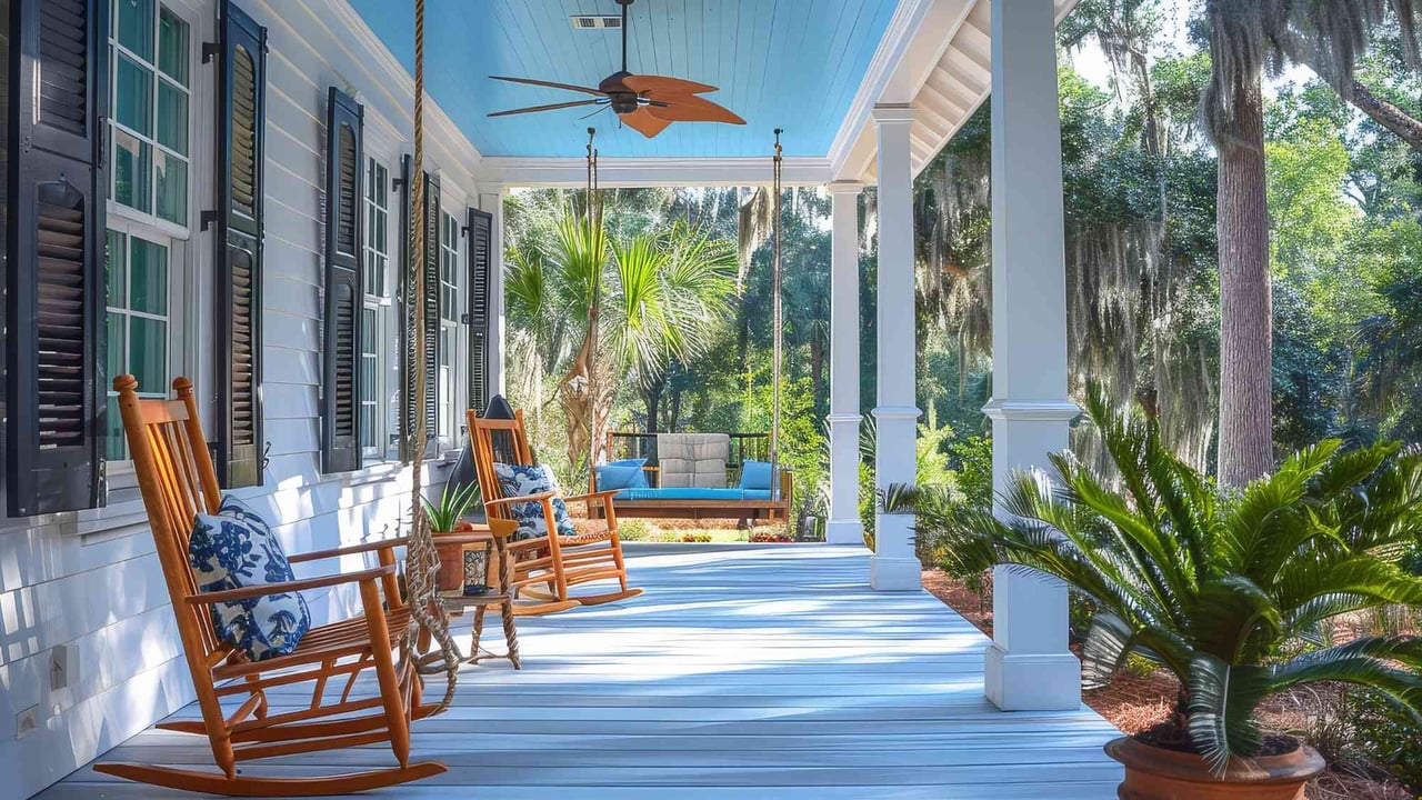 Southern-style porch with rocking chairs and a swing, common in Kiawah Island luxury home
