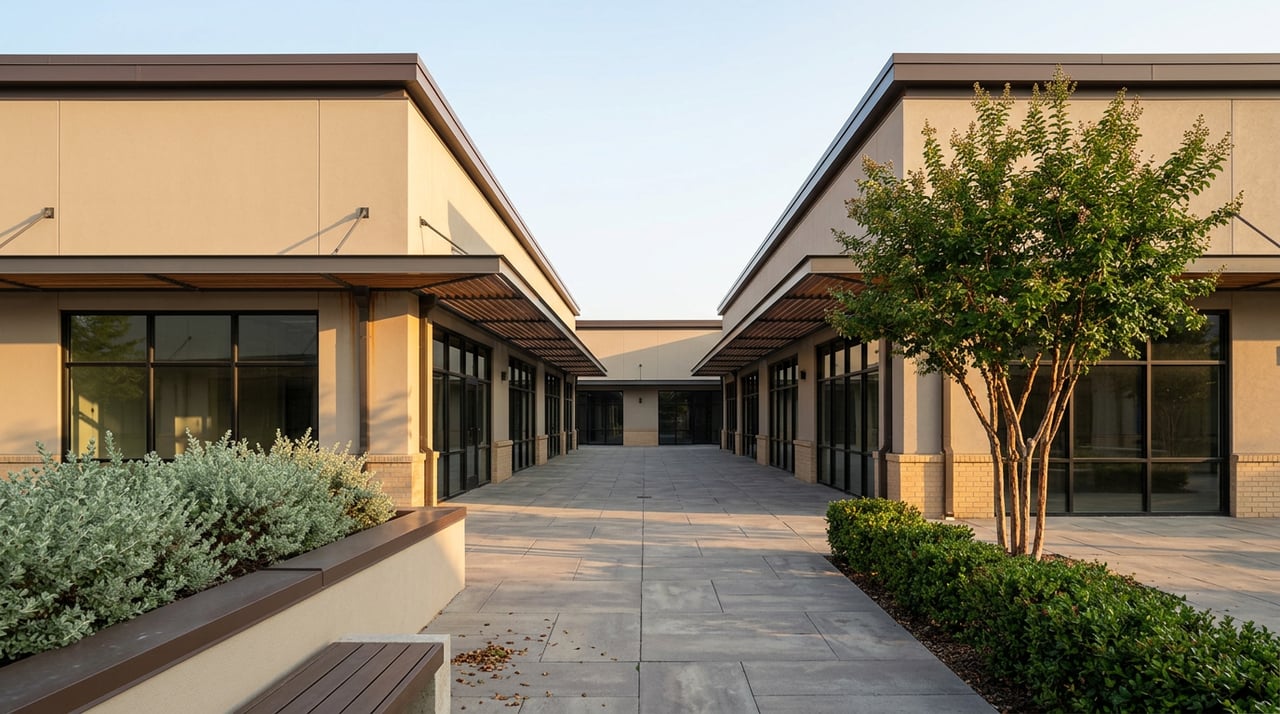 Open-air storefront breezeway with cedar-slat awnings, a crape myrtle, and built-in bench seating.