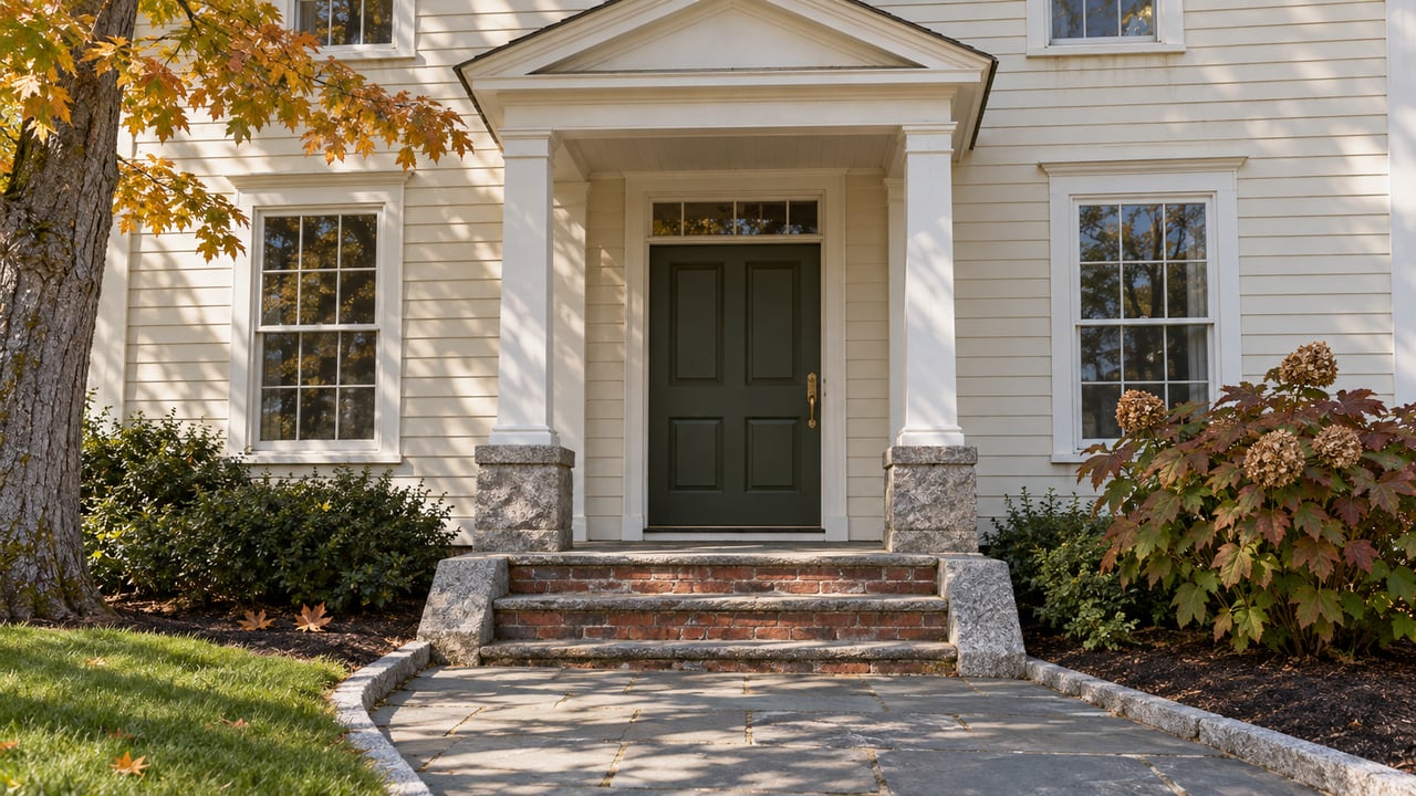 Ivory clapboard home with a dark olive front door, white porch posts, worn brick steps and a slate approach beside autumn planting.