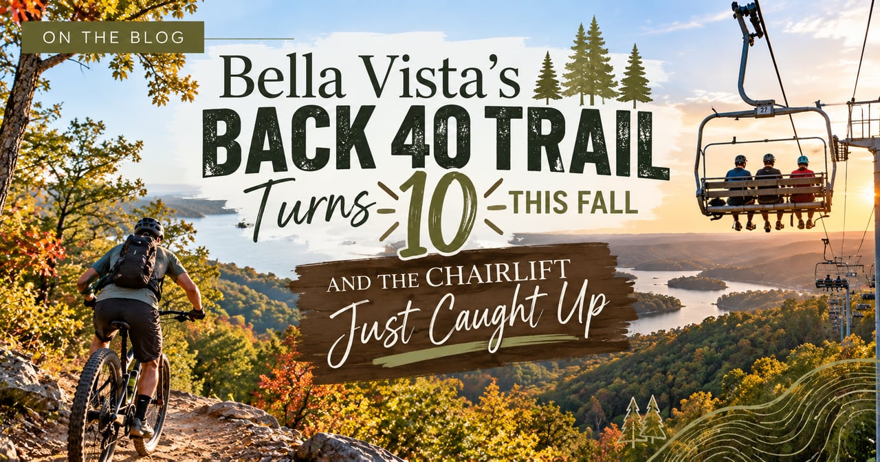 Bella Vista’s Back 40 Trail turns 10 this fall, with a mountain biker and chairlift above autumn hills.
