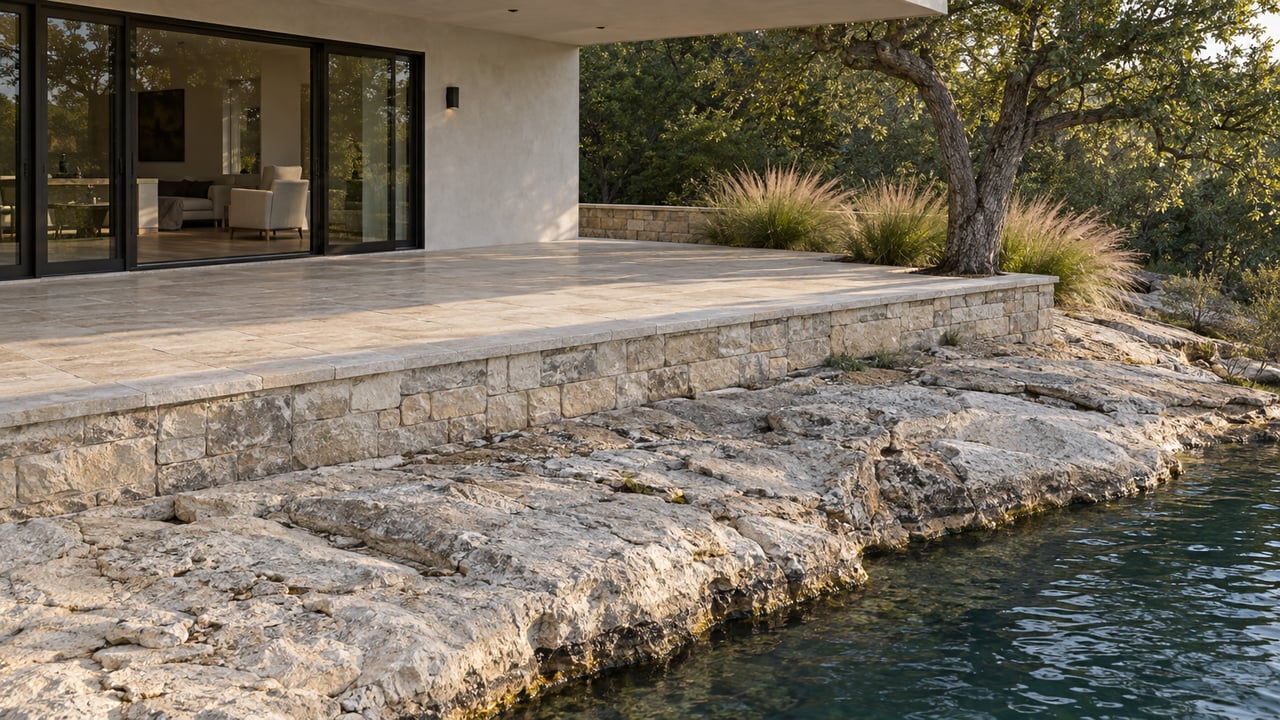 Limestone terrace beside a glass-walled home overlooks exposed rock sloping to blue-green water.