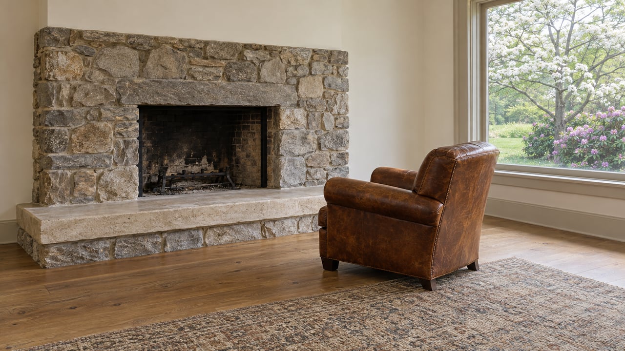 Living room with a fieldstone fireplace, worn leather armchair, oak floor, and garden visible through a window.