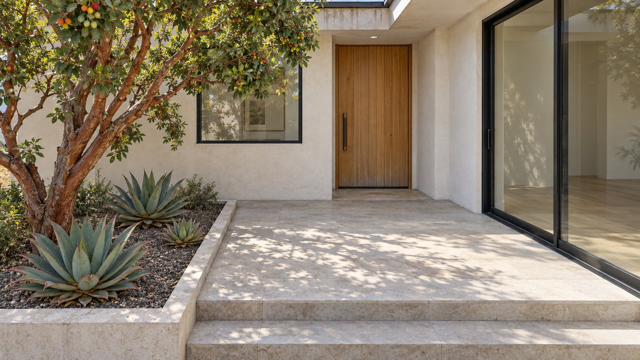 Warm-white stucco home with an oak entry door, black-framed glazing, limestone steps, and a sculptural tree in a small planted forecourt.
