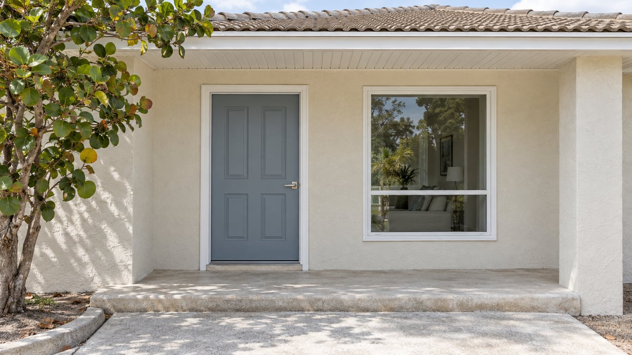 Cream stucco home entry with a blue-gray door, white-framed window and textured concrete porch beside a sea grape tree.