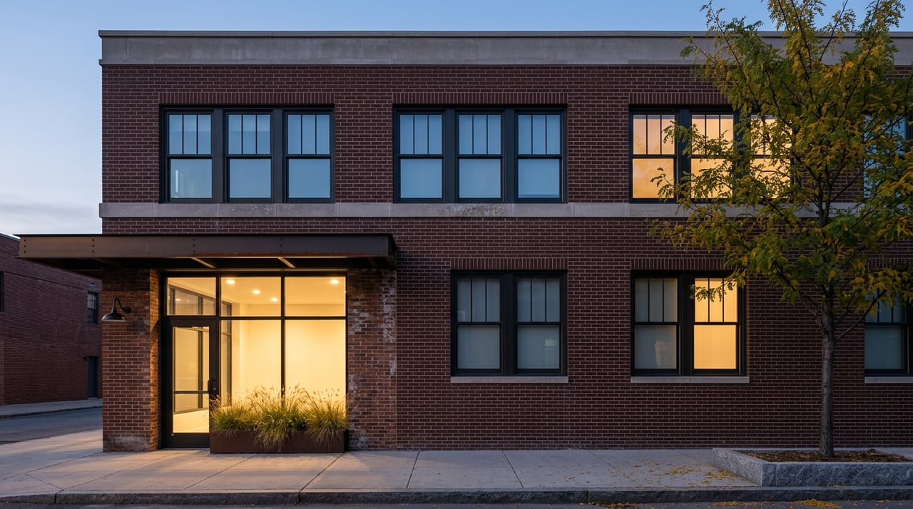 Brick mixed-use corner building at dusk, with a warmly lit storefront, glowing upper windows, and a street tree.
