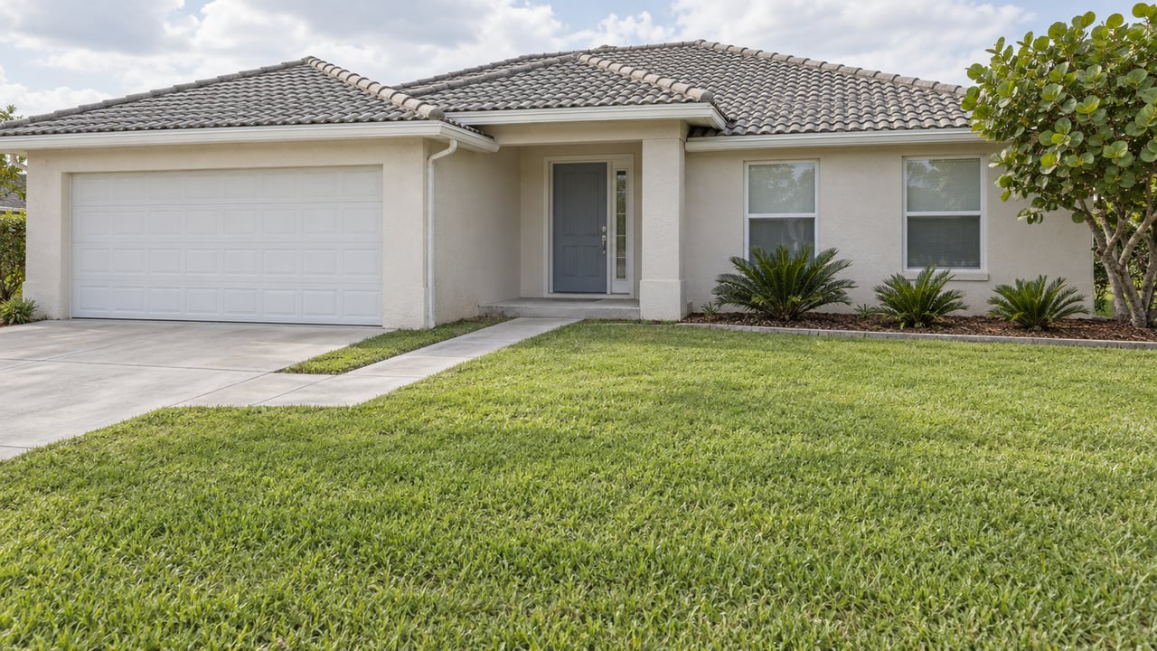 Single-story ivory stucco home with a grey tile roof, recessed blue-grey entry, broad front lawn, and carefully spaced subtropical planting.