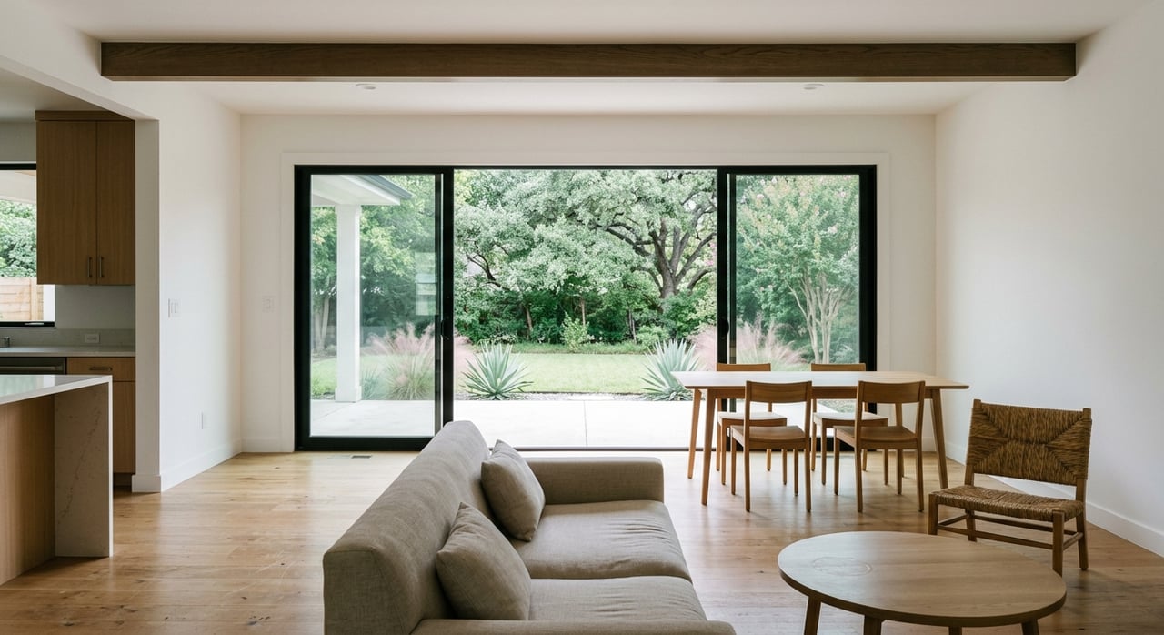 Living and dining room with an oak ceiling beam, sliding glass doors, and a planted backyard patio.