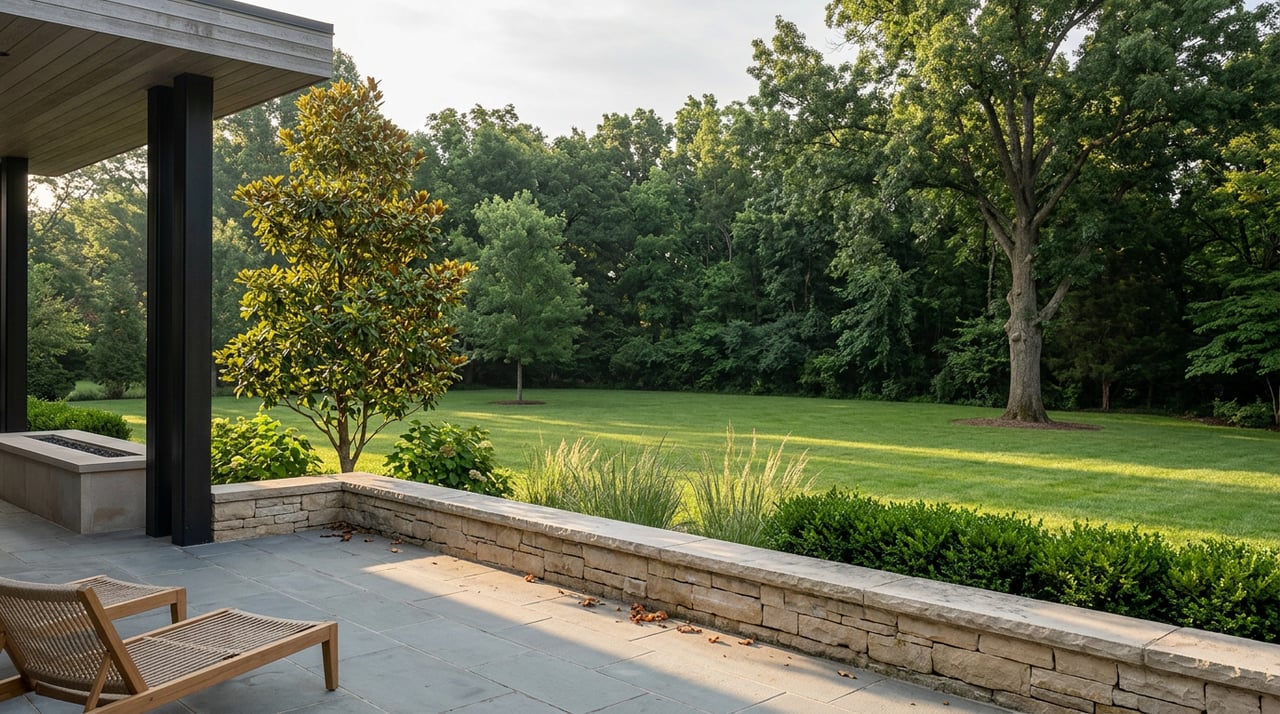 Rear terrace overlooking a clipped lawn, with a stone retaining wall, magnolia, and mature tree line.