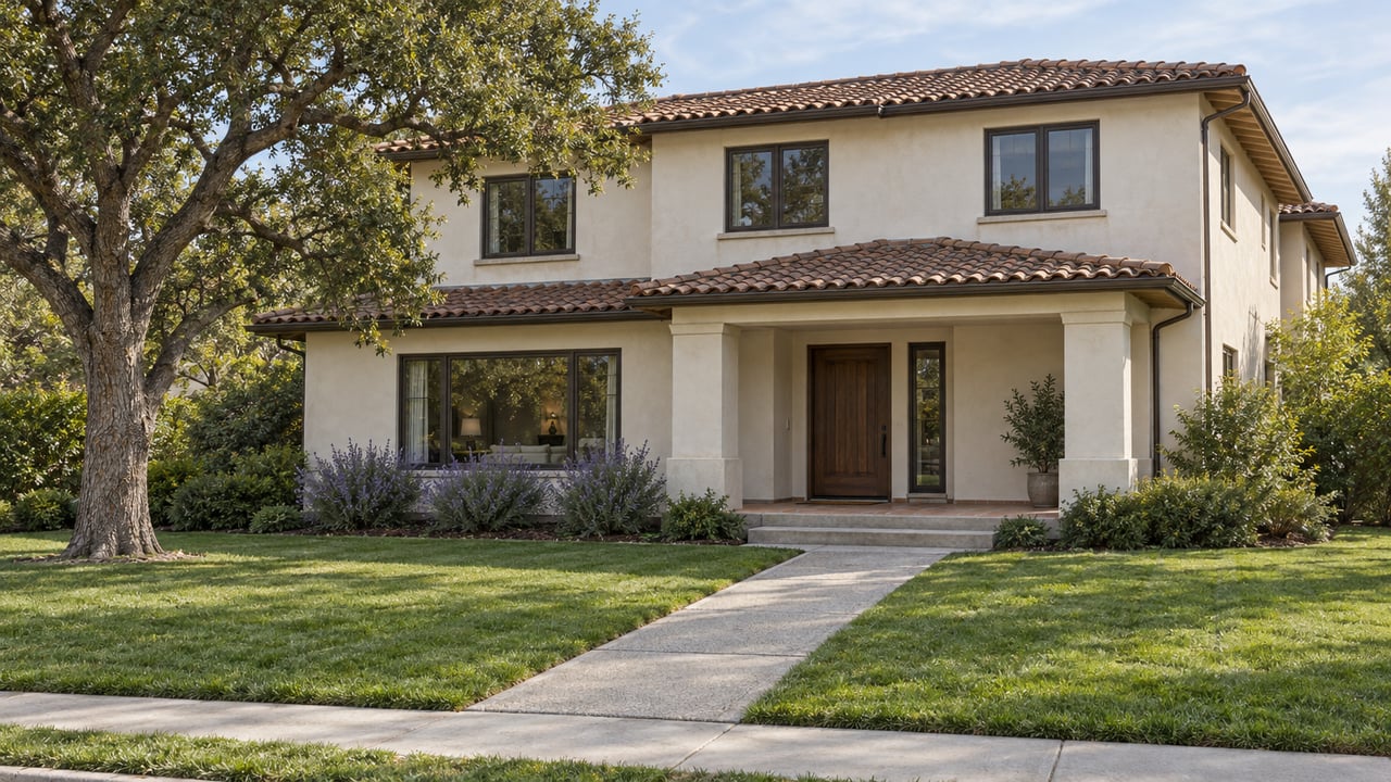 Two-story ivory stucco home with clay tile roofing, a deep green front lawn and a mature oak beside the entry approach.