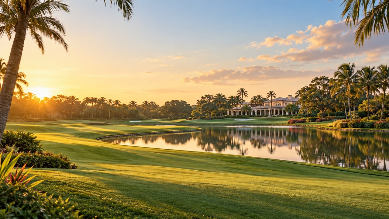 Golf course and reflective pond at sunset, framed by palms with an estate in the distance.