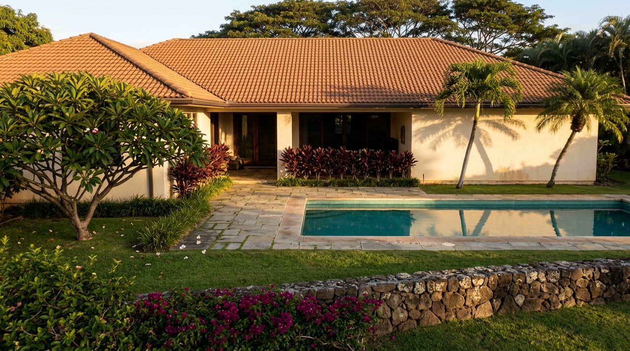 A terracotta-roofed home overlooks a turquoise pool and stone lanai, framed by palms, plumeria, and magenta bougainvillea.